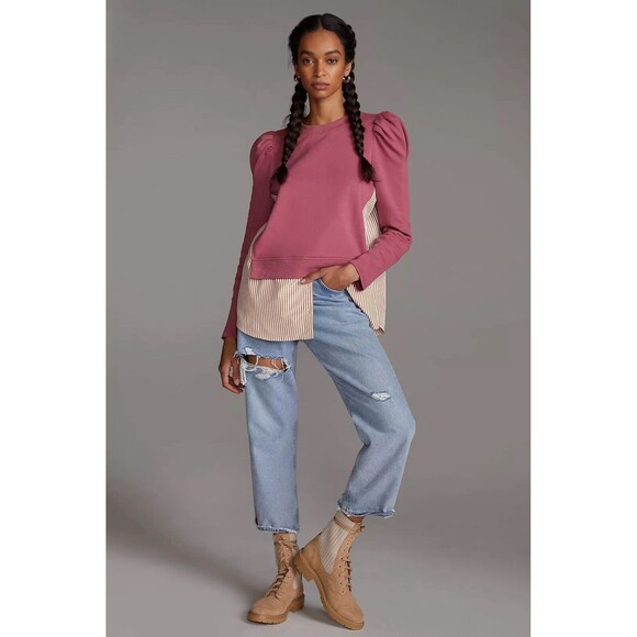 Maeve Layered Tunic Sweatshirt Large Pink Puff Sleeve Shirt Tail Anthropologie - Picture 1 of 14